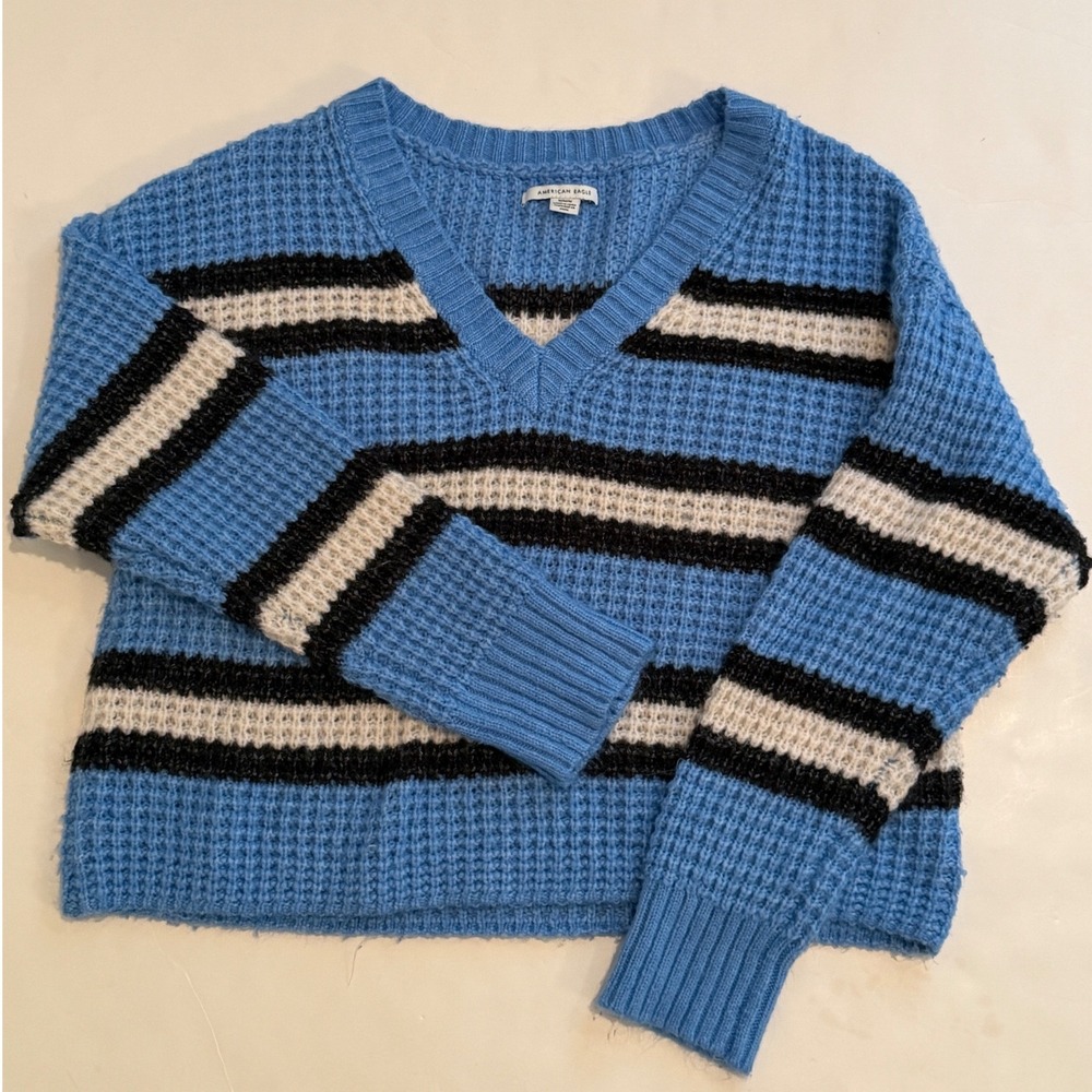 American Eagle Blue Striped Waffle Knit V-Neck Sweater Wool Blend Womens Medium